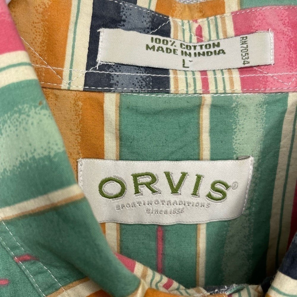 Vintage Orvis Mens Striped Shirt Multicolor Green Red Terracotta Brown Large - Picture 3 of 5